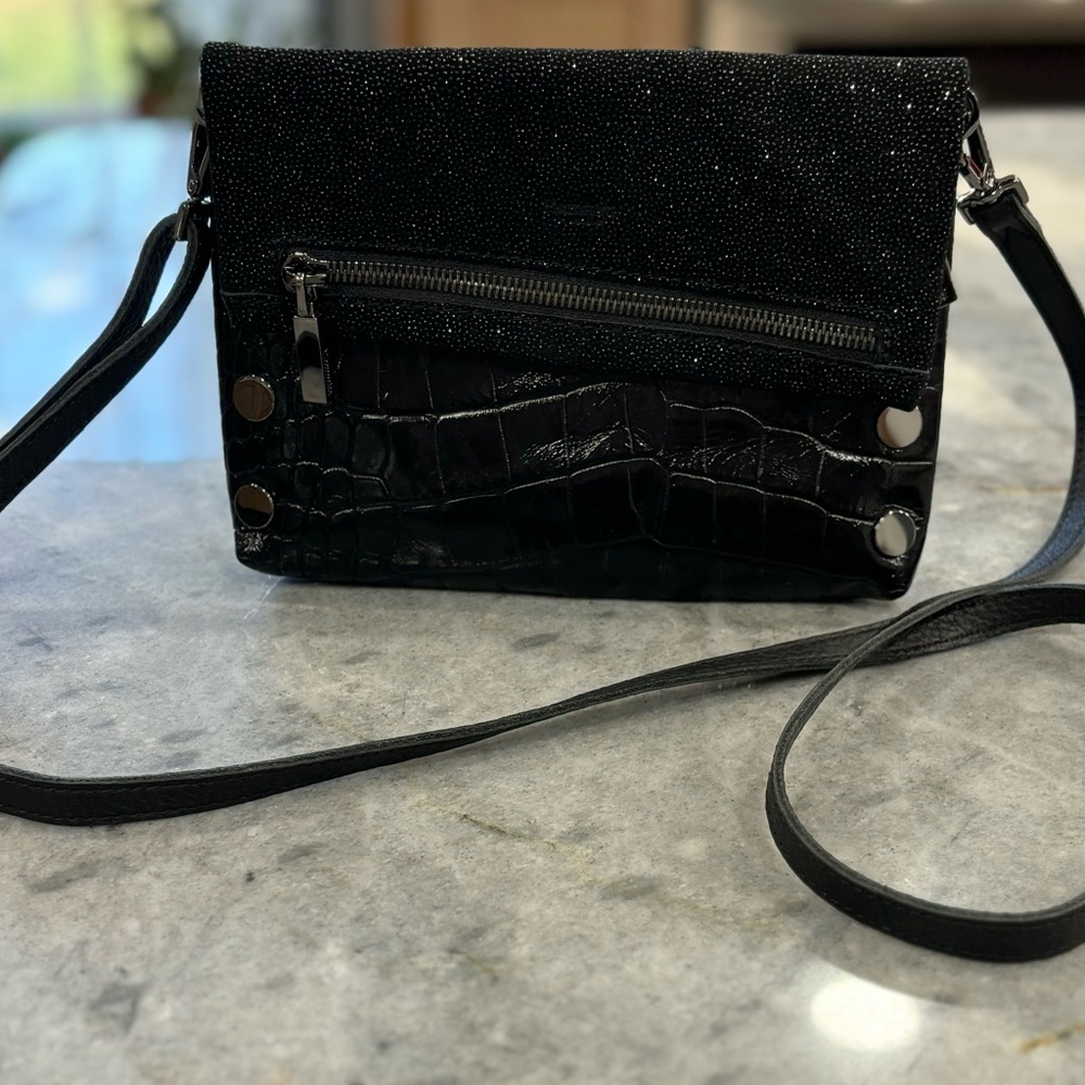 Hammitt crossbody black  croc and leather shimmer print EUC gunmetal accts